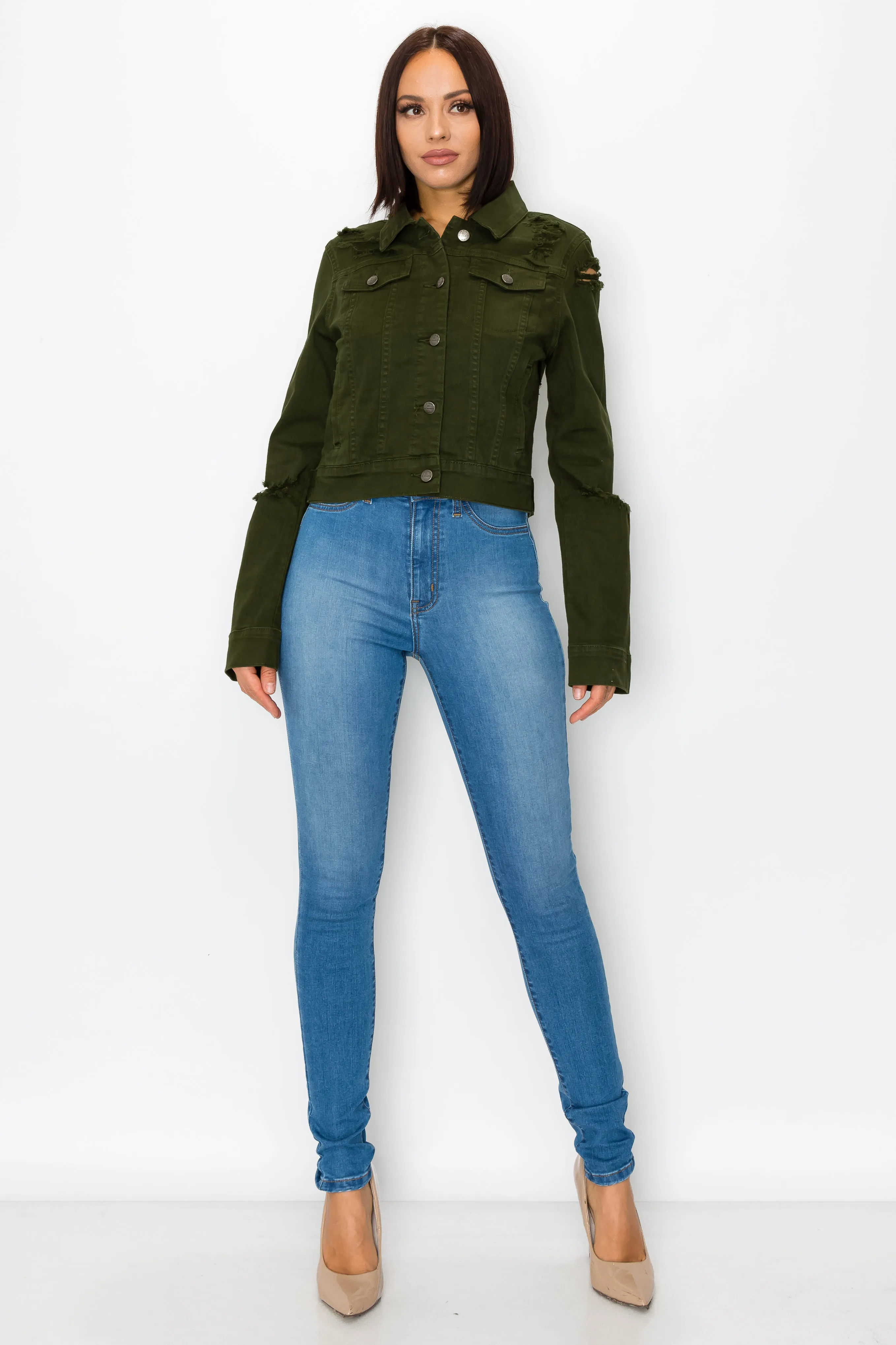 8032 Women's Long Sleeves Button Down Denim Jackets with Destruction