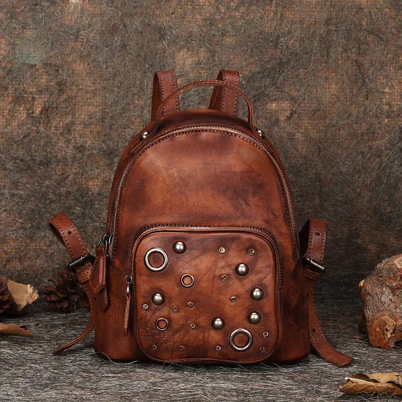 Best Vintage Rivet Black Gray Leather Rucksack Womens Small School Backpacks Leather Backpack Purse