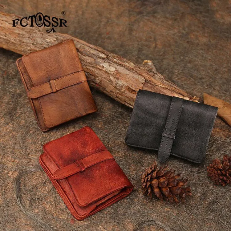 Black Gray Womens Leather Bifold Small Wallet Vintage Buckle Small Wallet for Ladies