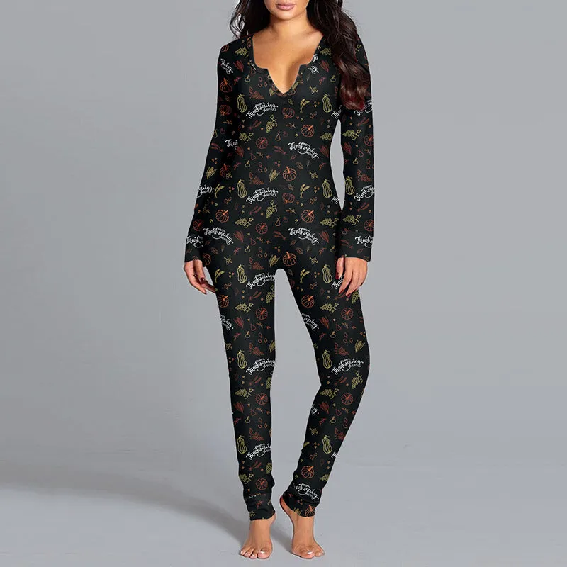 Halloween Printed Jumpsuit, Long Sleeve Home Pajamas