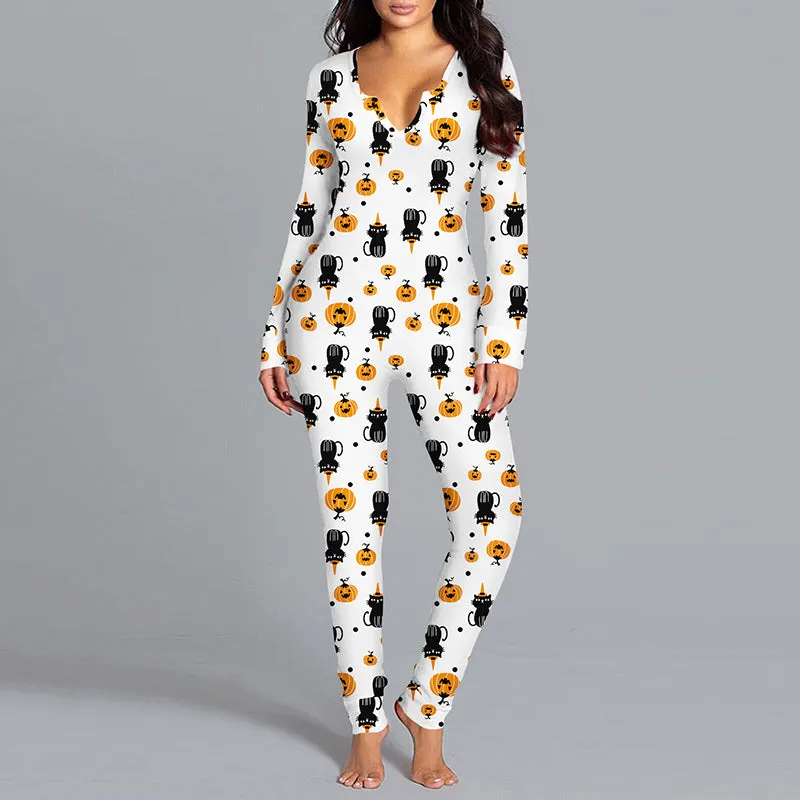 Halloween Printed Jumpsuit, Long Sleeve Home Pajamas