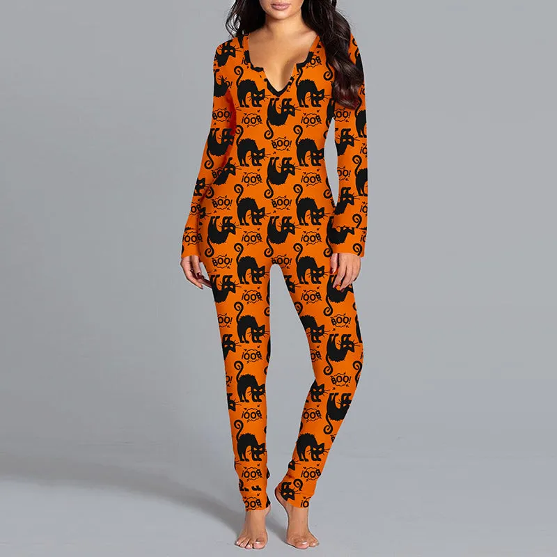 Halloween Printed Jumpsuit, Long Sleeve Home Pajamas