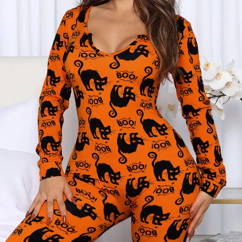 Halloween Printed Jumpsuit, Long Sleeve Home Pajamas