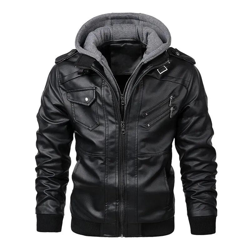 Leather Jackets Men's Casual Cowhide PU Leather Hooded Autumn Winter Coats Warm Vintage Motorcycle Punk Overcoats