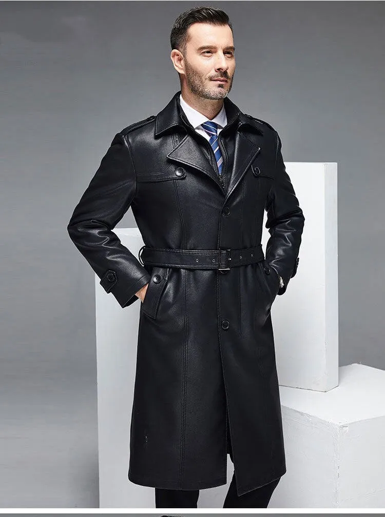 Long Leather Trench Coat Men's Black Winter Jacket Blazer Faux Sheep Overcoats Windbreaker Trenchcoats Waterproof Sashes