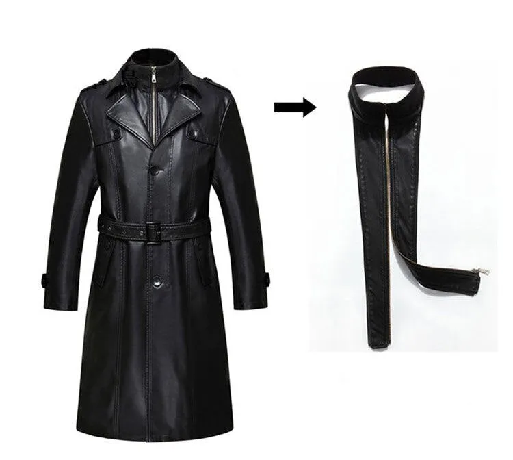 Long Leather Trench Coat Men's Black Winter Jacket Blazer Faux Sheep Overcoats Windbreaker Trenchcoats Waterproof Sashes