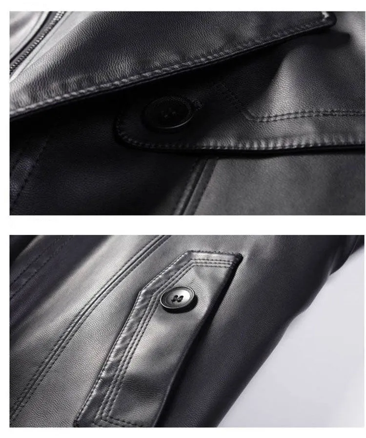 Long Leather Trench Coat Men's Black Winter Jacket Blazer Faux Sheep Overcoats Windbreaker Trenchcoats Waterproof Sashes