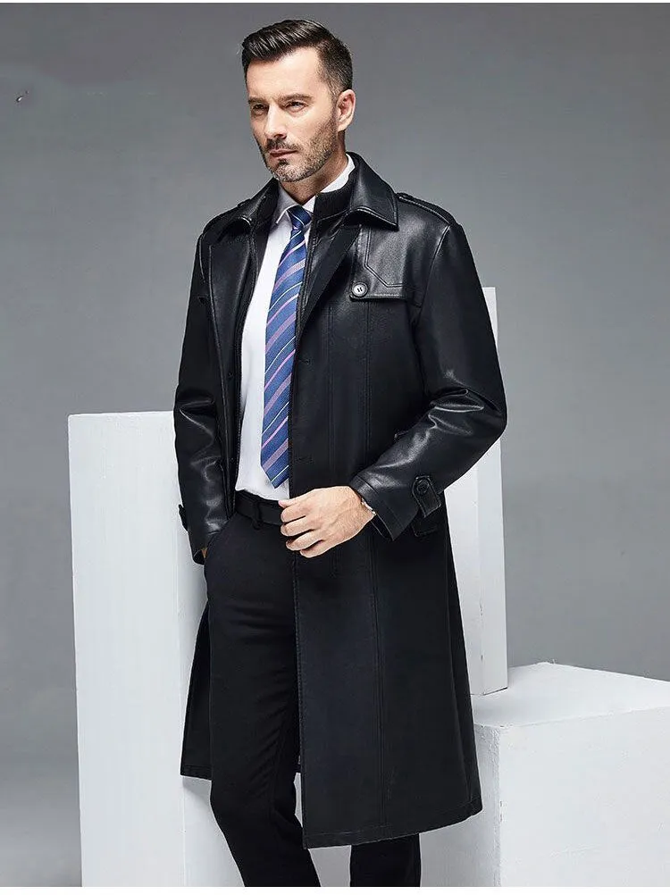 Long Leather Trench Coat Men's Black Winter Jacket Blazer Faux Sheep Overcoats Windbreaker Trenchcoats Waterproof Sashes