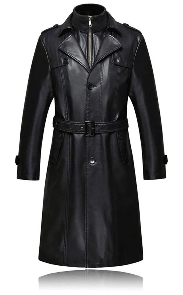Long Leather Trench Coat Men's Black Winter Jacket Blazer Faux Sheep Overcoats Windbreaker Trenchcoats Waterproof Sashes
