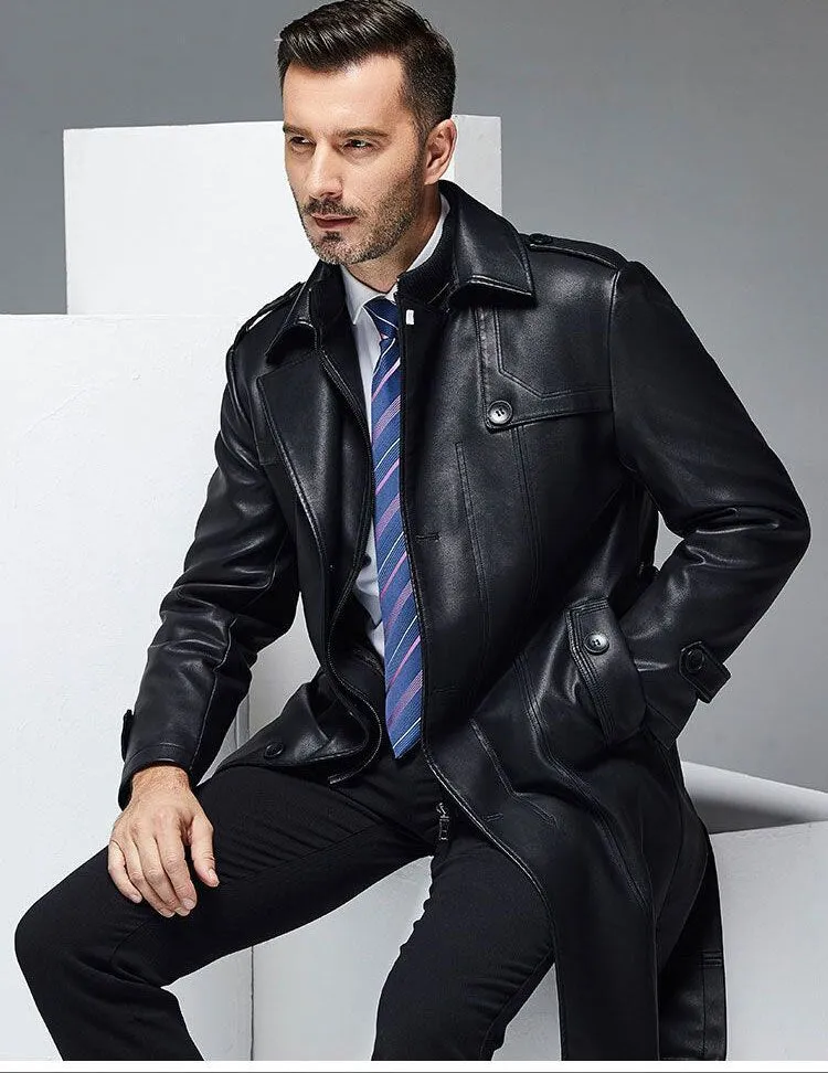 Long Leather Trench Coat Men's Black Winter Jacket Blazer Faux Sheep Overcoats Windbreaker Trenchcoats Waterproof Sashes