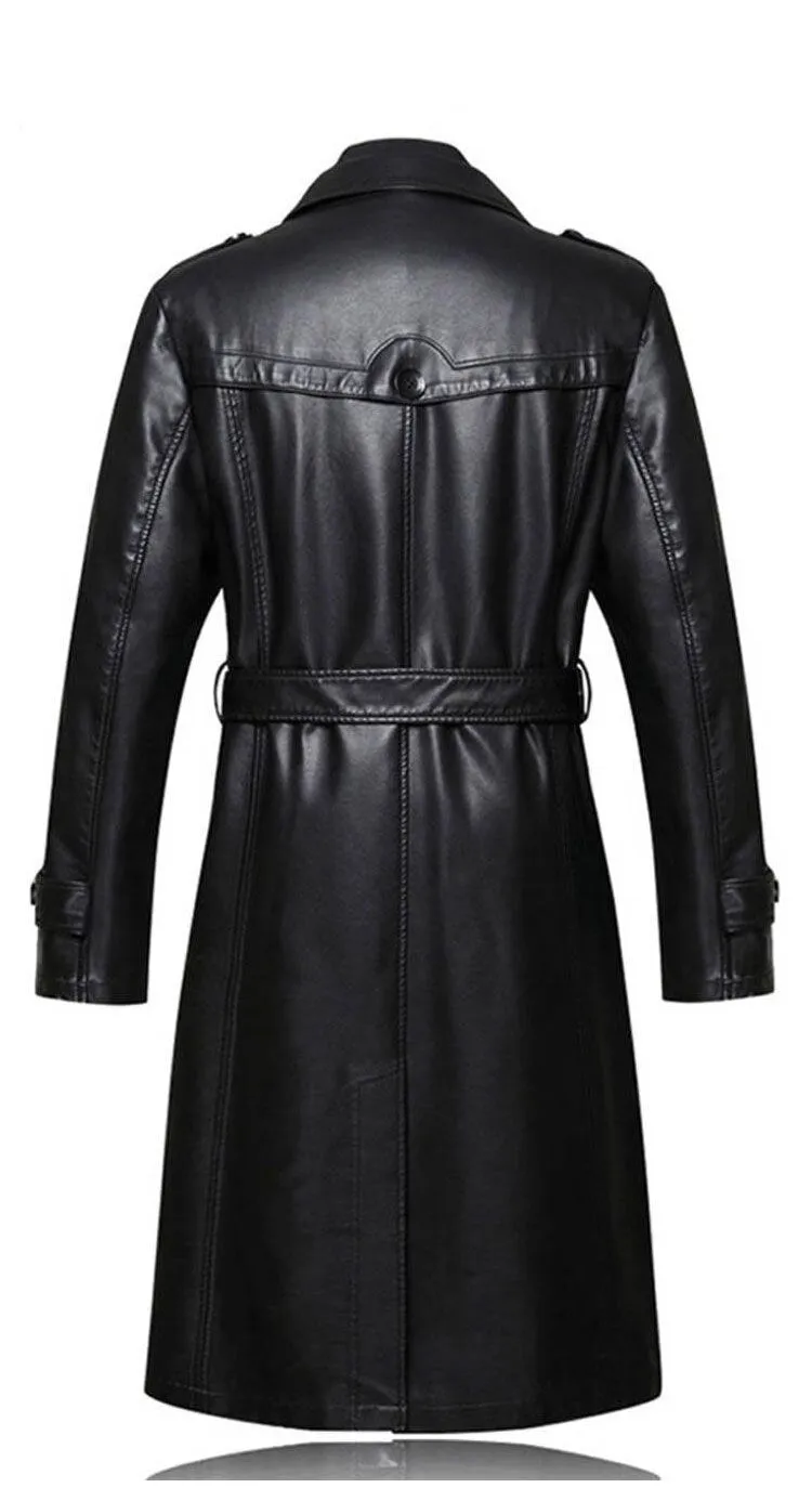 Long Leather Trench Coat Men's Black Winter Jacket Blazer Faux Sheep Overcoats Windbreaker Trenchcoats Waterproof Sashes
