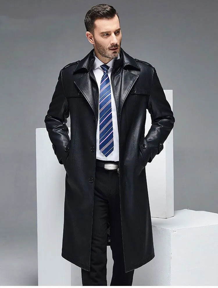 Long Leather Trench Coat Men's Black Winter Jacket Blazer Faux Sheep Overcoats Windbreaker Trenchcoats Waterproof Sashes