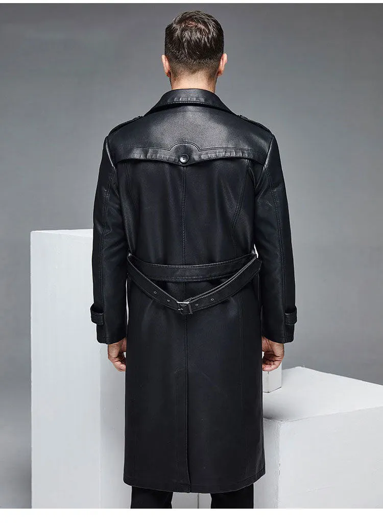 Long Leather Trench Coat Men's Black Winter Jacket Blazer Faux Sheep Overcoats Windbreaker Trenchcoats Waterproof Sashes