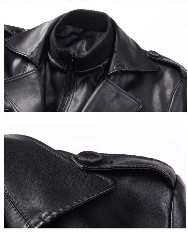 Long Leather Trench Coat Men's Black Winter Jacket Blazer Faux Sheep Overcoats Windbreaker Trenchcoats Waterproof Sashes