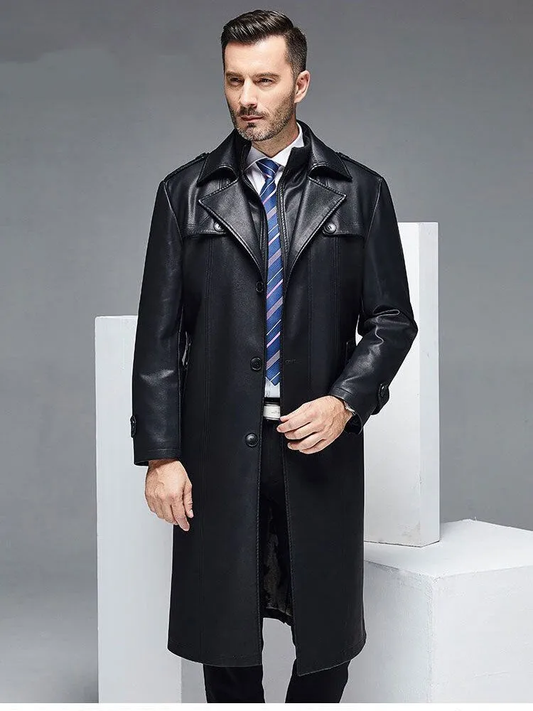 Long Leather Trench Coat Men's Black Winter Jacket Blazer Faux Sheep Overcoats Windbreaker Trenchcoats Waterproof Sashes