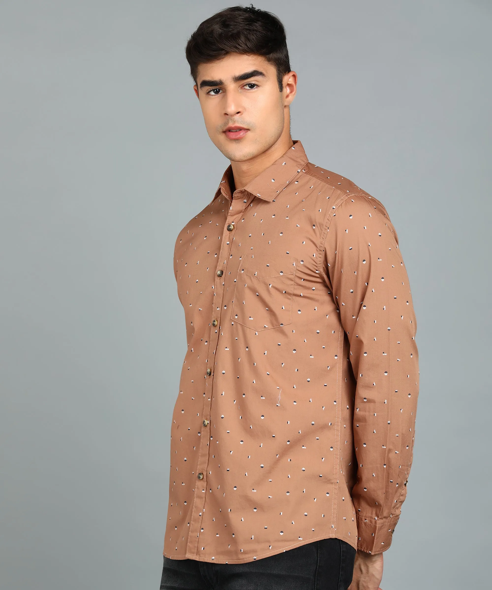Men's Brown Cotton Full Sleeve Slim Fit Casual Printed Shirt