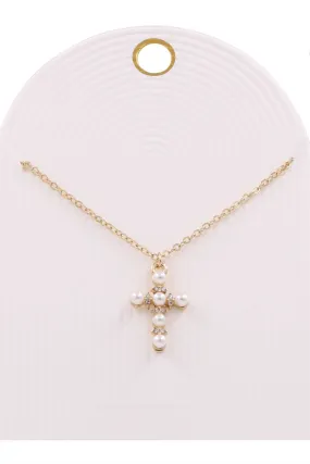 Metal Cross Rhinestone & Pearl Necklace- Gold