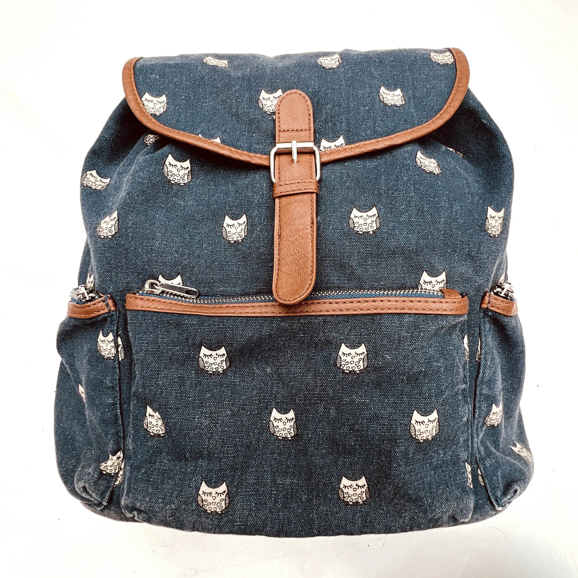 Mudd Blue Denim Owl Print Backpack, School Book Bag