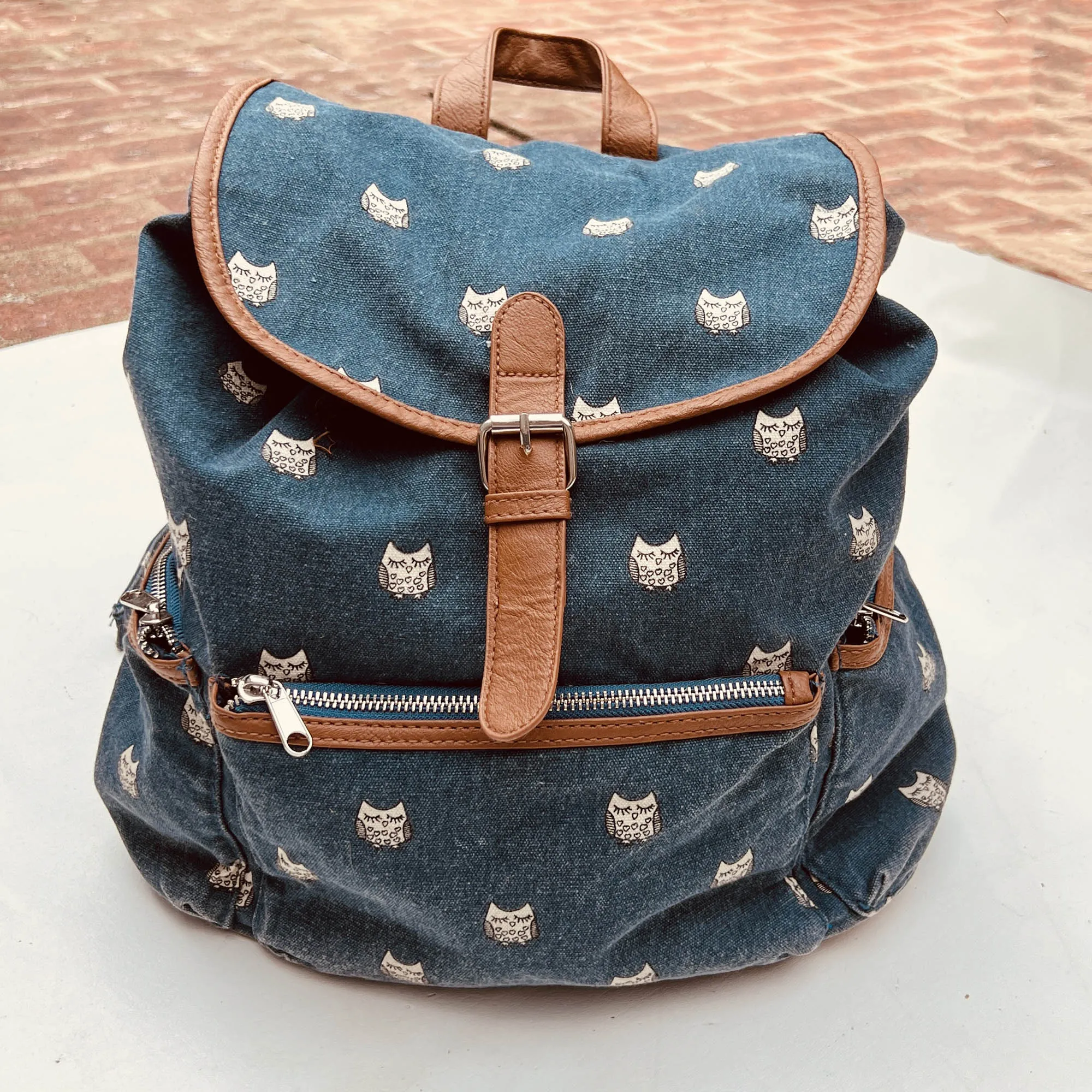 Mudd Blue Denim Owl Print Backpack, School Book Bag