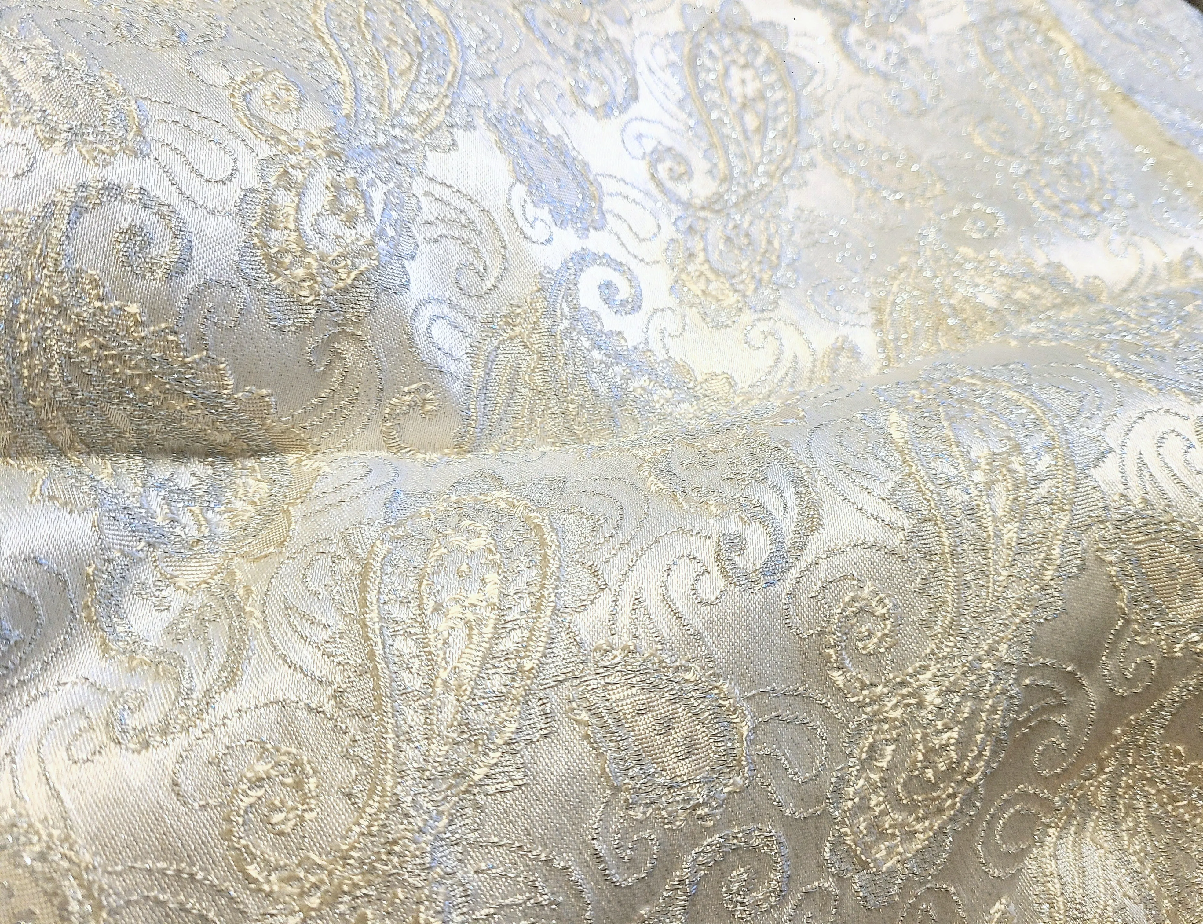 Vintage Fabric - Brocade - Paisley - Silver Metallic - Fabric Remnant - BRK144