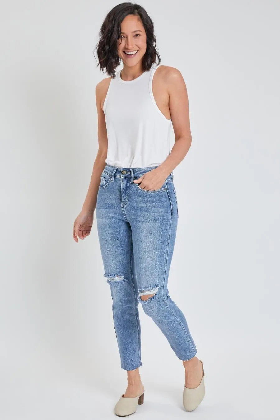 Women's Vintage Wash Straight Ankle Ripped Jean with Frayed Hem