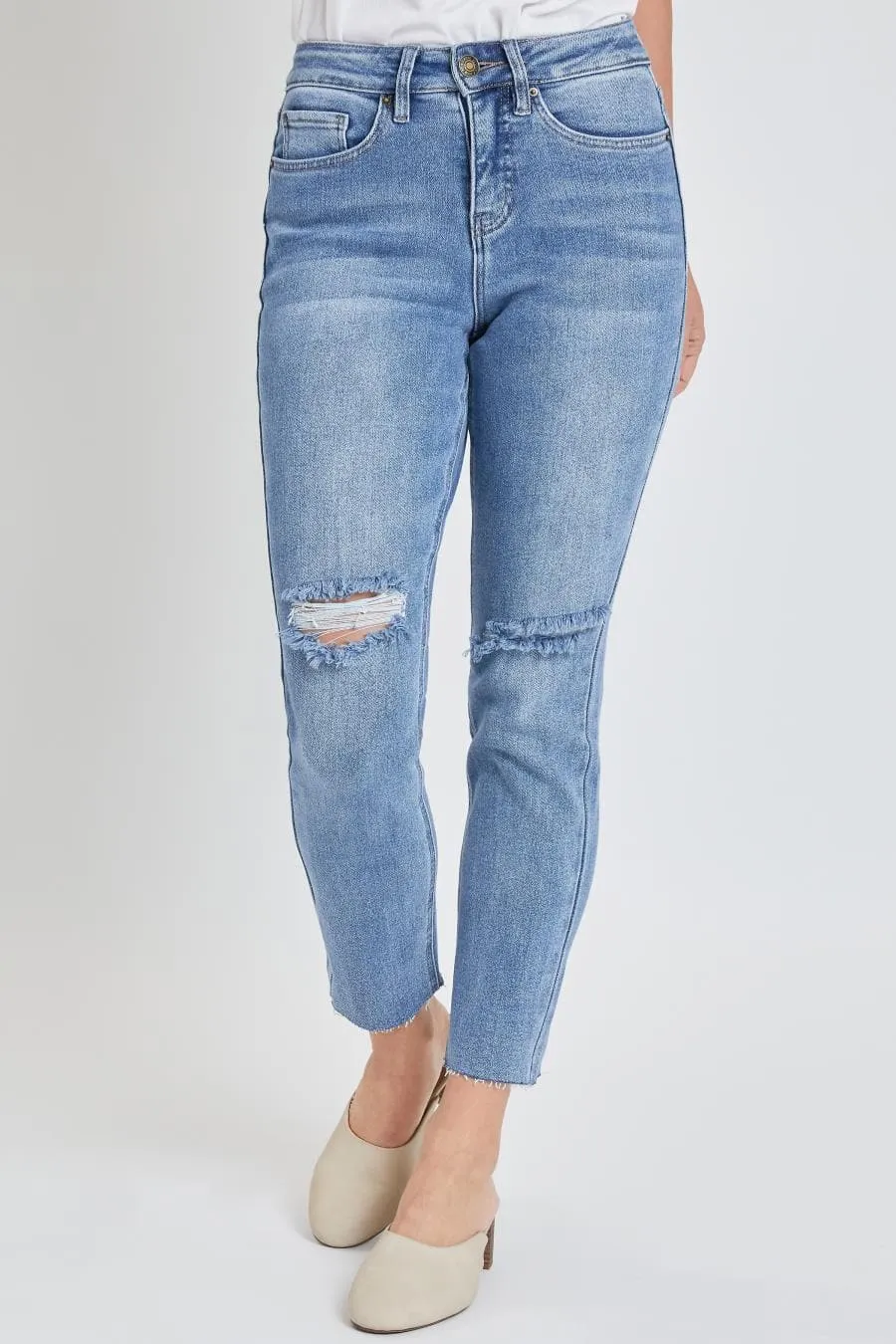 Women's Vintage Wash Straight Ankle Ripped Jean with Frayed Hem